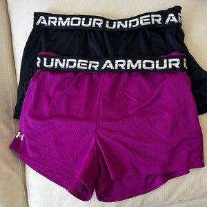 2 Under Armour Women's Black and Magenta Athletic Shorts
